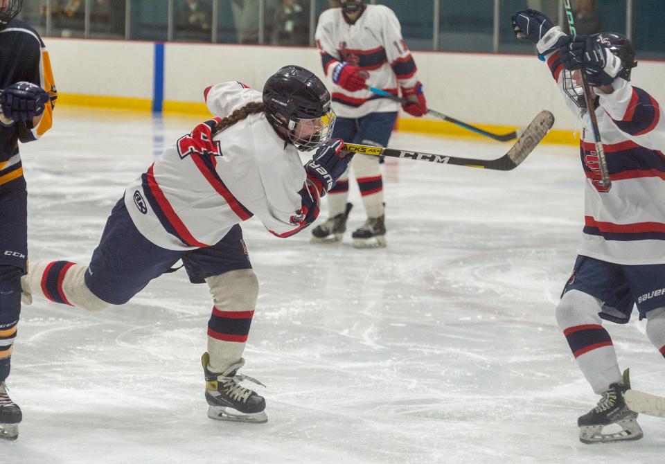 Lincoln-Sudbury Regional High School girls hockey captain Sophia Romm with the third goal against Andover, at Valley Sports Arena in Concord, Jan. 17, 2024.