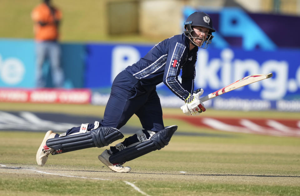 Scotland batsman Brandon McMullen in action during their ICC Men's Cricket World Cup Qualifier match against West Indies at Harare Sports Club in Harare, Zimbabwe,Saturday July 1, 2023. (AP Photo/Tsvangirayi Mukwazhi)
