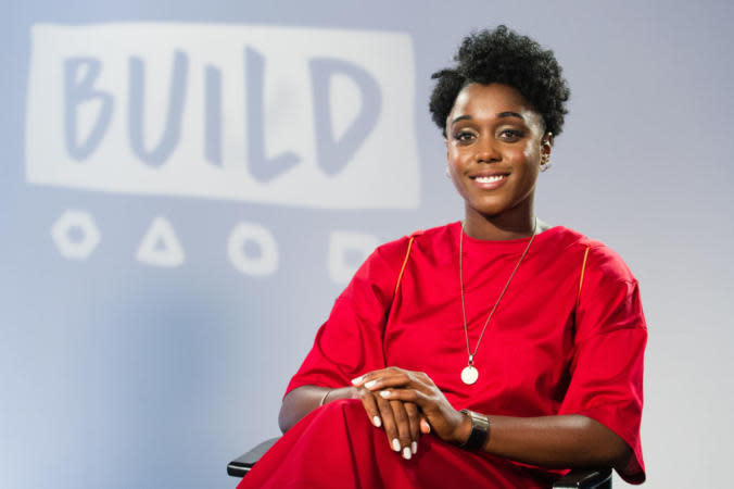 Pictured: Lashana Lynch speaks during a BUILD event in London. | Photo by Jeff Spicer