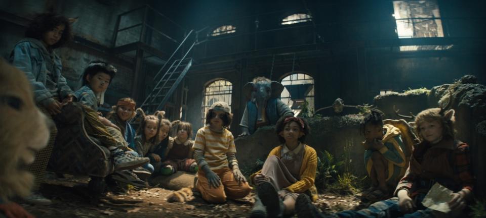 Sweet Tooth. (L to R) Bobby, Yonas Kibreab as Finn Fox, Harvey Gui as Max Skunk, Amie Donald as Maya Monkey, Aeon Scott as Anna Rabbit, Cyan Scott as Hanna Rabbit, Ruby Hall as Haley Mockingbird, Erin Minchin as Jo Jo Raccoon, Ravi Narayan as Earl Elephant, Naledi Murray as Wendy, Christopher Cooper Jnr as Teddy Turtle, Christian Convery as Gus in episode 201 of Sweet Tooth. Cr. Courtesy of Netflix © 2023