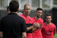 United States men's national soccer team head coach Gregg Berhalter talks to his team during practice Monday, Sept. 4, 2023, in St. Louis. The U.S. is set to play a friendly against Uzbekistan this Saturday in St. Louis. (AP Photo/Jeff Roberson)