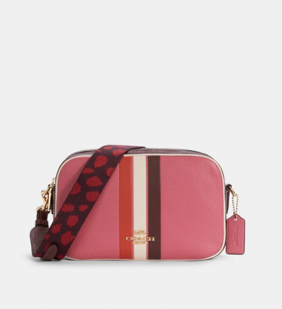 Jes Crossbody in Colorblock with Stripe in Pink/Mango (Photo via Coach Outlet)