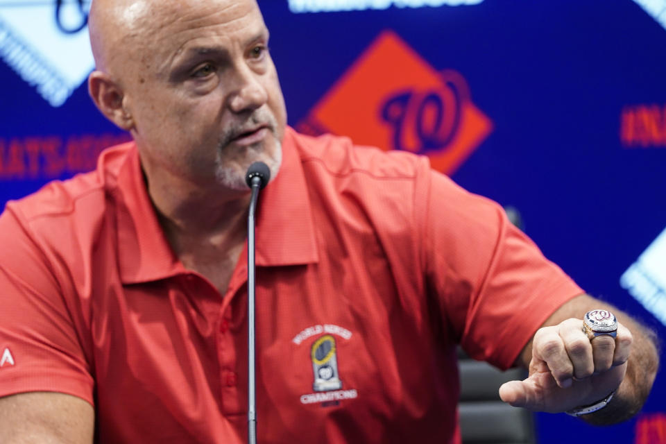 Washington Nationals general manager Mike Rizzo speaks with reporters about the team's recent trades before a baseball game against the New York Mets at Nationals Park, Tuesday, Aug. 2, 2022, in Washington. (AP Photo/Alex Brandon)