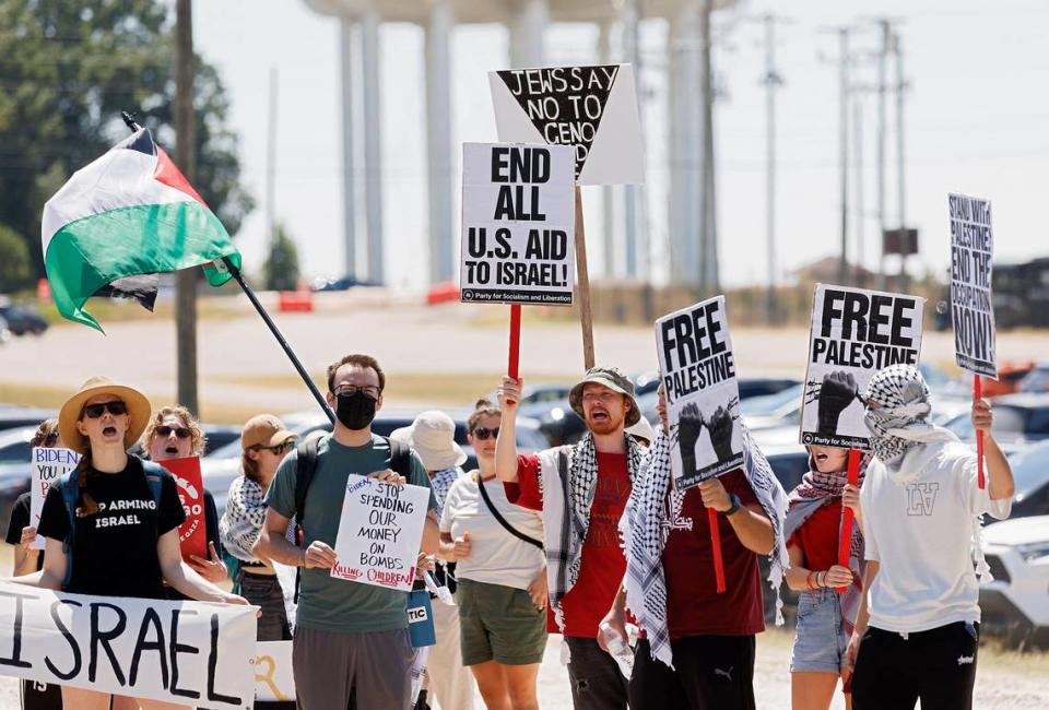 Pro-Palestinian demonstrators protest outside of an event held by President Joe Biden at the North Carolina State Fairgrounds on Friday, June 28, 2024, in Raleigh, N.C.