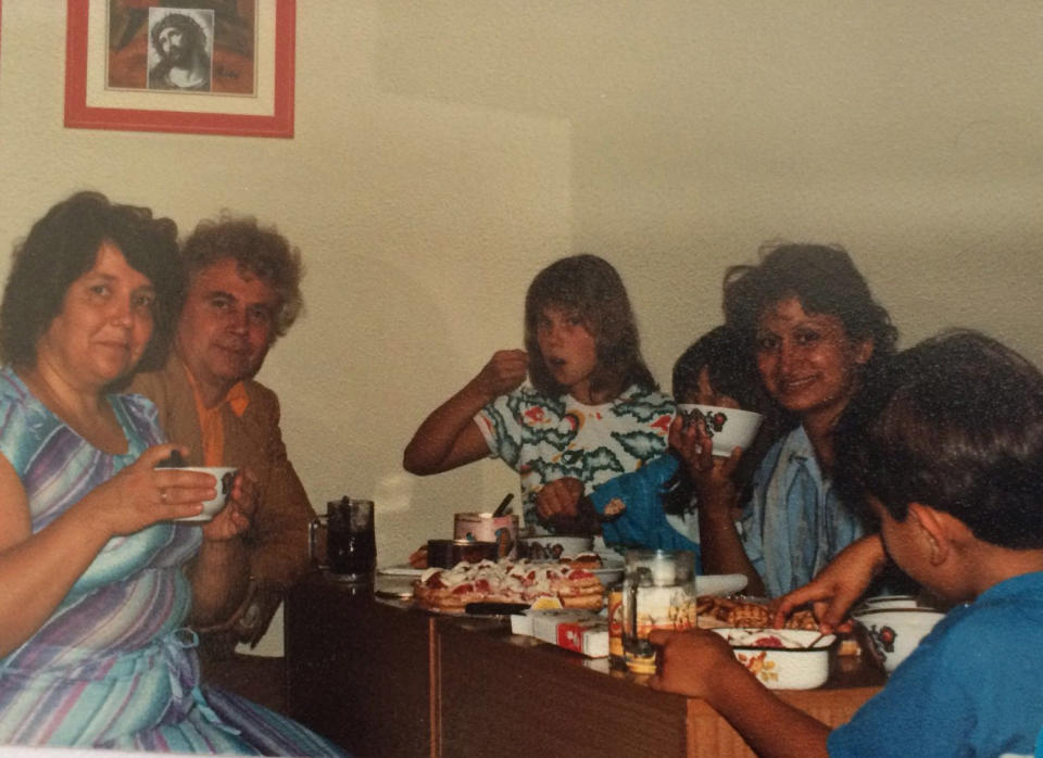 Dina's mother with Russians in an Italian refugee camp in 1989. | Courtesy of Dina Nayeri