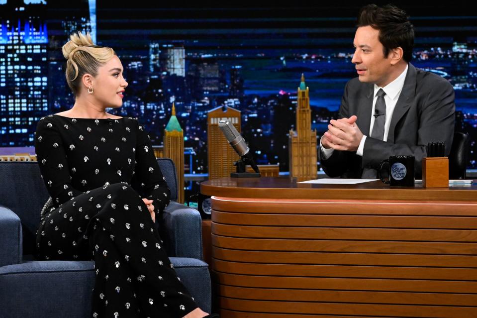 THE TONIGHT SHOW STARRING JIMMY FALLON -- Episode 1818 -- Pictured: (l-r) Actress Florence Pugh during an interview with host Jimmy Fallon on Monday, March 20, 2023