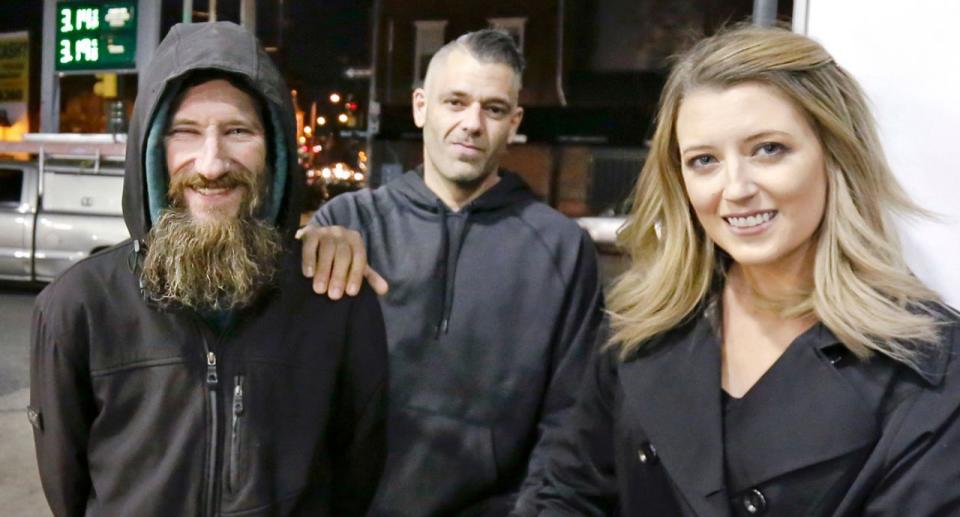 Mark D'Amico (centre) will serve five years in jail for his part in the GoFundMe scam, which involved his ex-girlfriend, Katelyn McClure, and homeless man Johnny Bobbitt. Source: AP