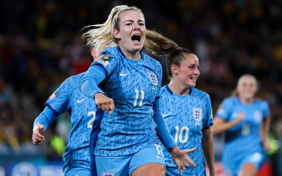 Lauren Hemp #11 of England celebrates her goal with teammates during the FIFA Women's World Cup Australia & New Zealand 2023 Semi Final match between Australia and England at Stadium Australia on August 16, 2023 in Sydney, Australia