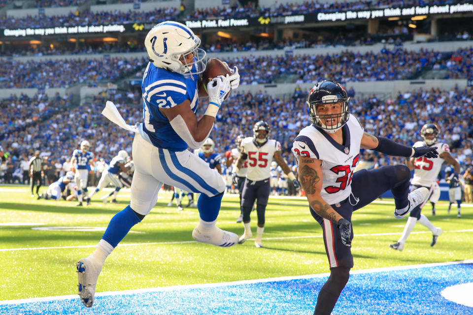 <p>Nyheim Hines #21 of the Indianapolis Colts catches the ball in the 3rd quarter against the Houston Texans at Lucas Oil Stadium on September 30, 2018 in Indianapolis, Indiana. (Photo by Andy Lyons/Getty Images) </p>
