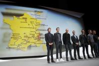 From L-R, riders Thibaut Pinot of France, Romain Bardet of France, Chris Froome of Britain, Richie Porte of Australia, Julian Alaphilippe of France, Tony Martin of Germany, Thomas Voeckler of France pose after the presentation of the itinerary of the 2017 Tour de France cycling race at a news conference in Paris, France, October 18, 2016. REUTERS/Benoit Tessier