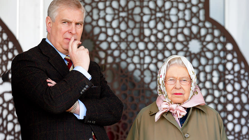 Prince Andrew and Queen Elizabeth II pictured looking disgruntled.