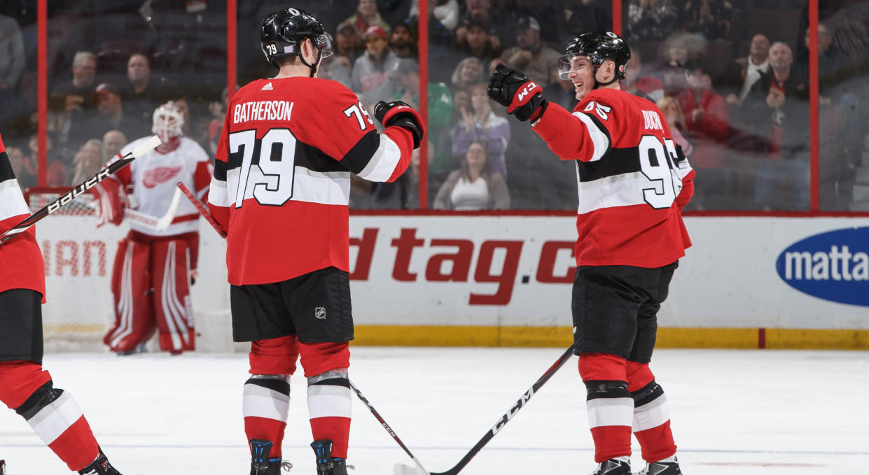 Drake Batherson’s reaction to the first goal of his NHL career was good. The reaction in the stands was better, though. (Getty)