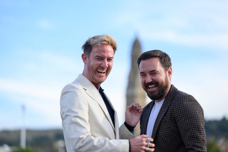 Phil MacHugh (left) and Martin Compston at the Waterfront Cinema in Greenock ahead of the preview of their new series, Martin Compston’s Scottish Fling. (John Linton/PA) (PA Wire)