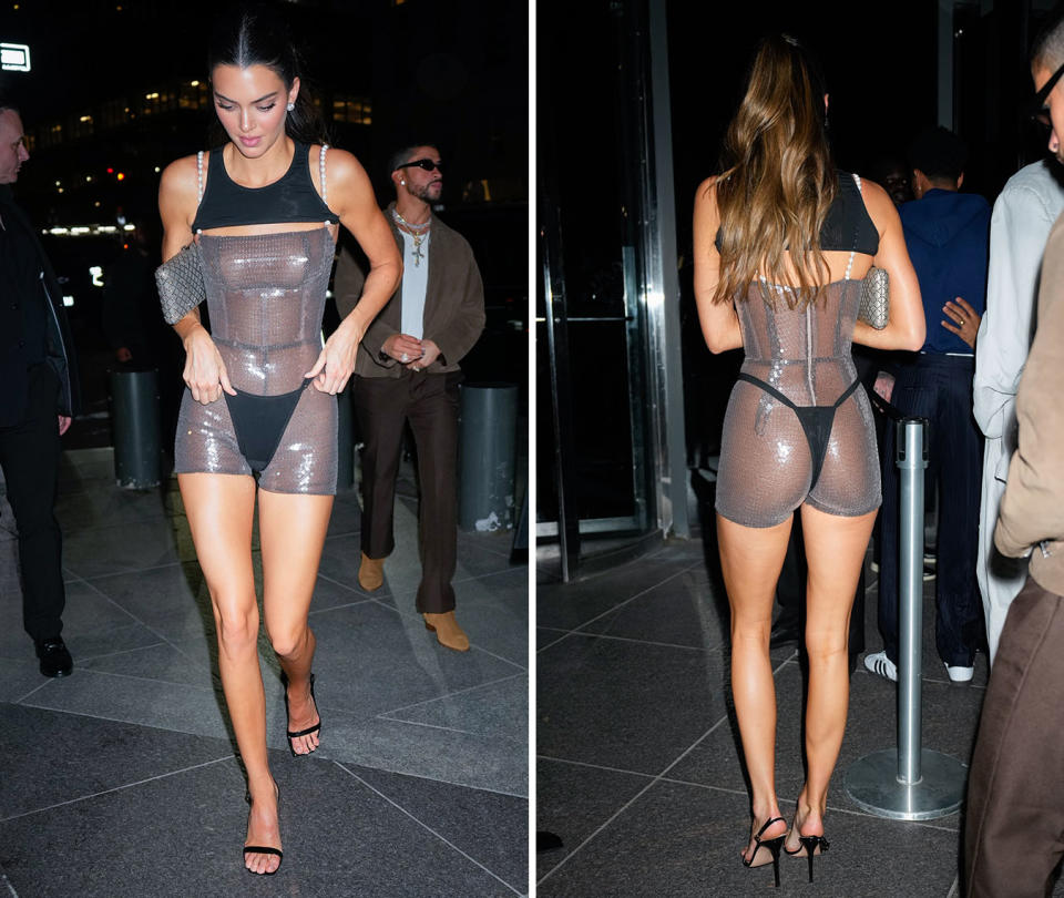 Kendall Jenner made a fashion statement with a sheer bodysuit for a Met Gala afterparty. Photo: Getty