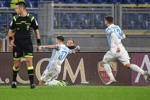 Spal's Andrea Petagna (L) scored a penalty awarded despite the VAR monitor not working