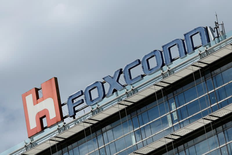 The logo of Foxconn, the trading name of Hon Hai Precision Industry, is seen on top of the company's building in Taipei