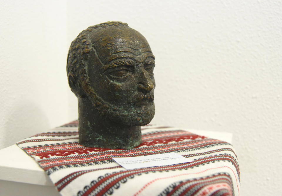 A bust of Armenian film director Sergei Parajanov is on display during the opening of the exhibition at the Ivan Kavaleridze Museum and Studio in the year marking the centenary of the film director's birth. 