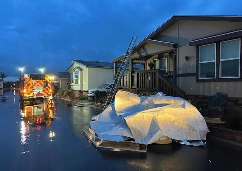 A weak tornado damaged more than two dozen residences at the Sandpiper Village mobile home park in Carpinteria on Tuesday, March 21, 2023. Carpinteria-Summerland Fire Protection District