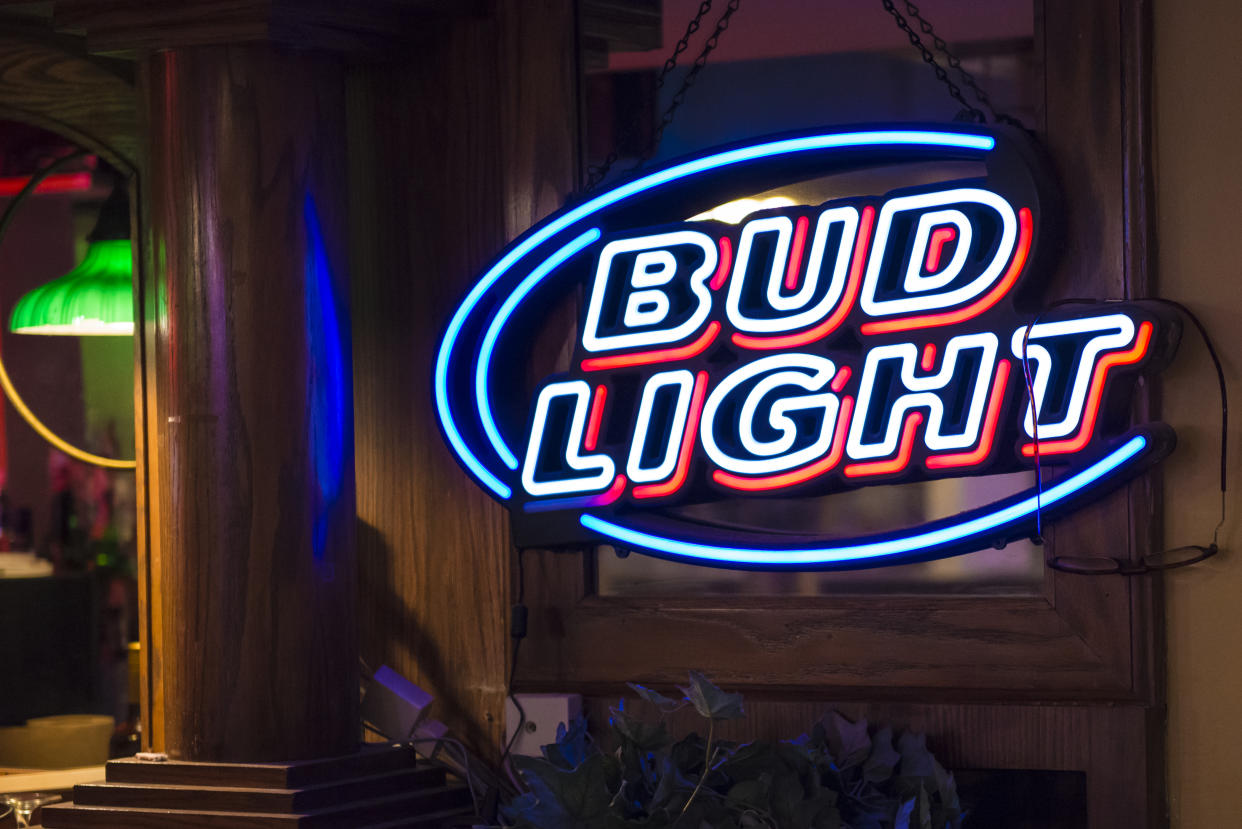 NEW YORK CITY, NEW YORK, UNITED STATES - 2015/10/17: Signage of Bud light outside a bar in New York City, United States.

Bud Light is Budweiser's flagship light beer with 4.2% ABV. The brand is owned by Anheuser-Busch which is the largest brewing company in the United States. (Photo by Roberto Machado Noa/LightRocket via Getty Images)