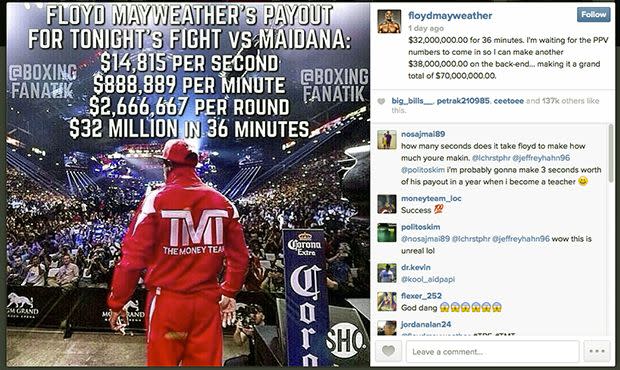 Floyd Mayweather boasts he will make $70 million for 36 minutes of