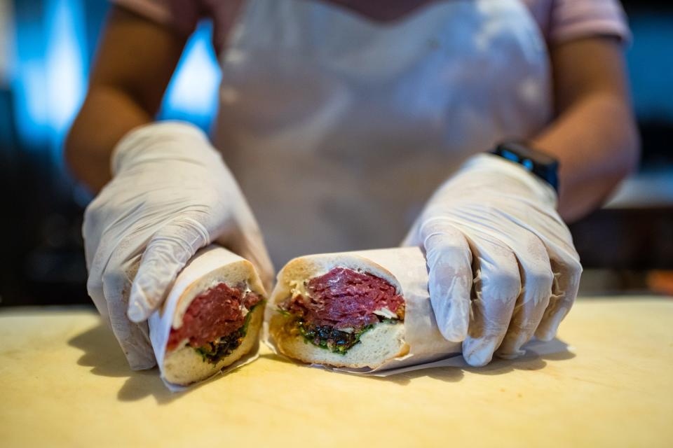 This is a beef carpaccio sandwich from Nick's Sandwich Shop inside Nick's Restaurant & Bar in Fort Collins. The downtown Italian restaurant opened the lunch-only shop on Monday.