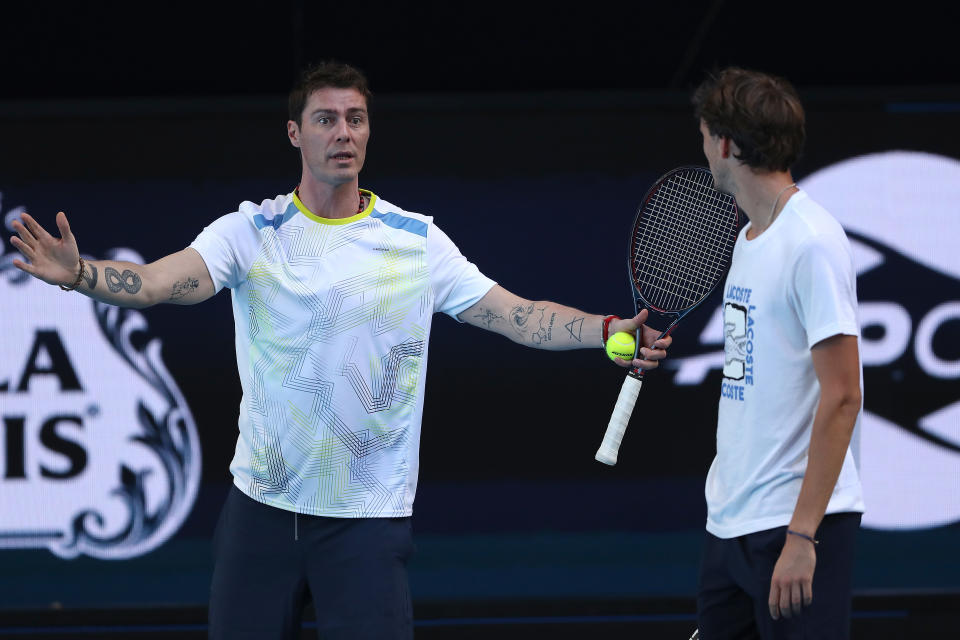 Marat Safin of Team Russia talks with Daniil Medvedev during a practice session ahead of the 2020 ATP Cup Group Stage at RAC Arena on December 31, 2019 in Perth, Australia. (Photo by Paul Kane/Getty Images)