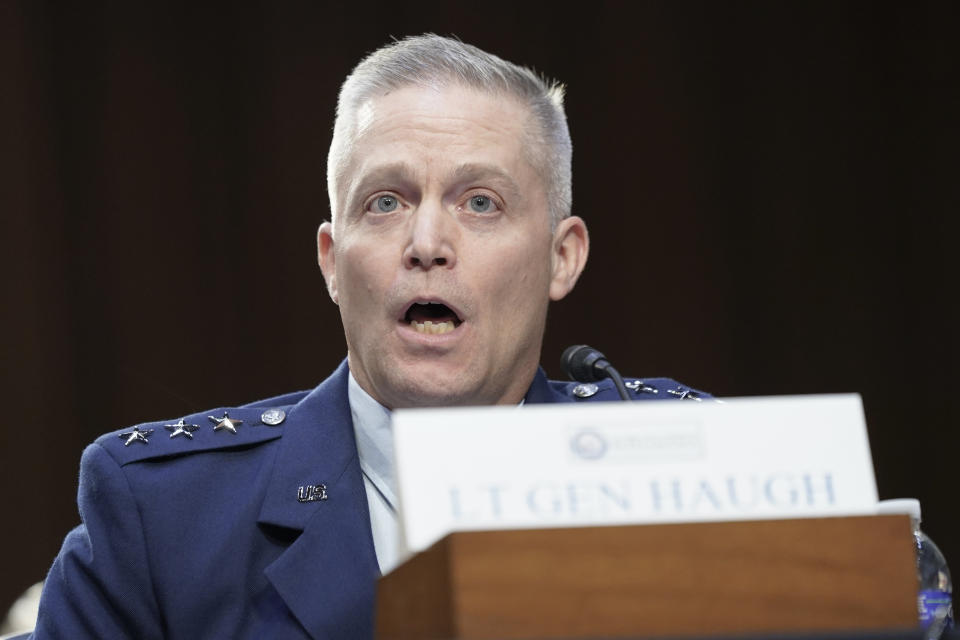 FILE PHOTO: US Air Force Lt. Gen. Timothy Haugh testifies during the Senate Intelligence hearing on his nomination to be the Director of the National Security Agency, Wednesday, July 12, 2023, on Capitol Hill in Washington. (AP Photo/Mariam Zuhaib)