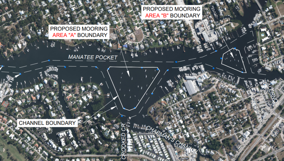 A screenshot of Manatee Pocket in Port Salerno shows proposed areas for a mooring field that could be open to boaters by the end of 2022.