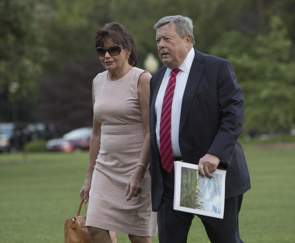 Viktor Knavs and Amalija Knavs, parents of first lady Melania Trump, arrive at the White House with the first family June 11, 2017.