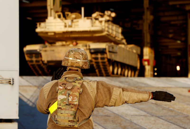 FILE PHOTO: U.S. Army Abrams tank leaves ship during operation Atlantic Resolve rotation in Riga port