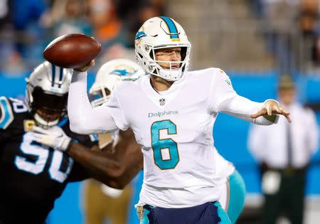 Nov 13, 2017; Charlotte, NC, USA; Miami Dolphins quarterback Jay Cutler (6) looks to pass the ball during the first quarter against the Carolina Panthers at Bank of America Stadium. Jeremy Brevard-USA TODAY Sports/File Photo