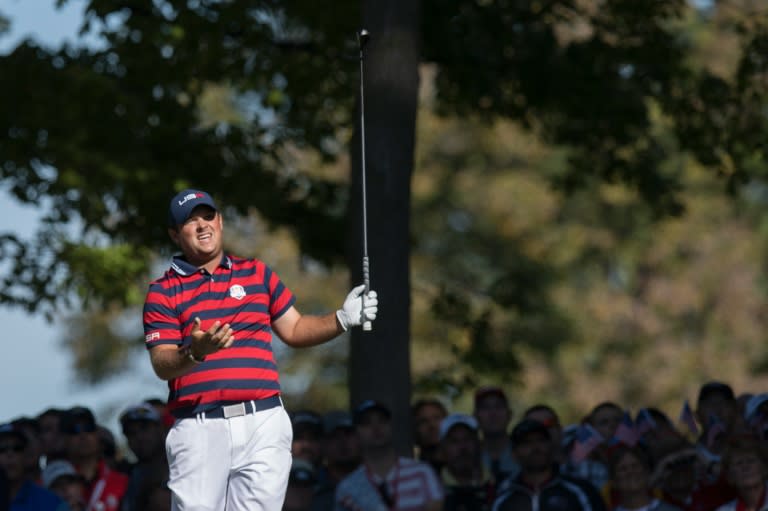 USA's Patrick Reed reacts to his tee shot