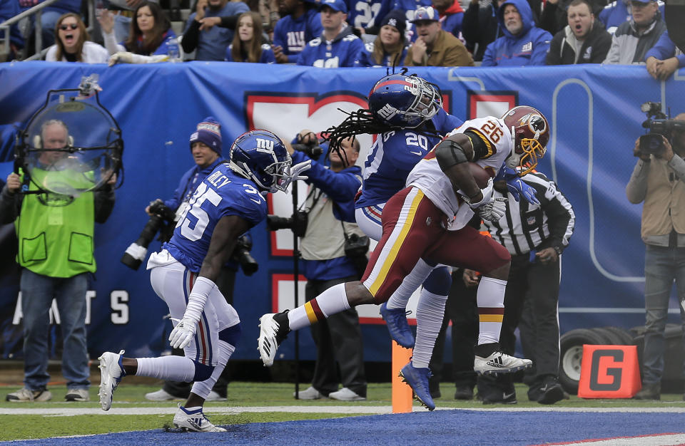 Washington’s Adrian Peterson rushed for 149 yards on 26 carries and scored a touchdown in Sunday’s victory against the New York Giants. (AP)