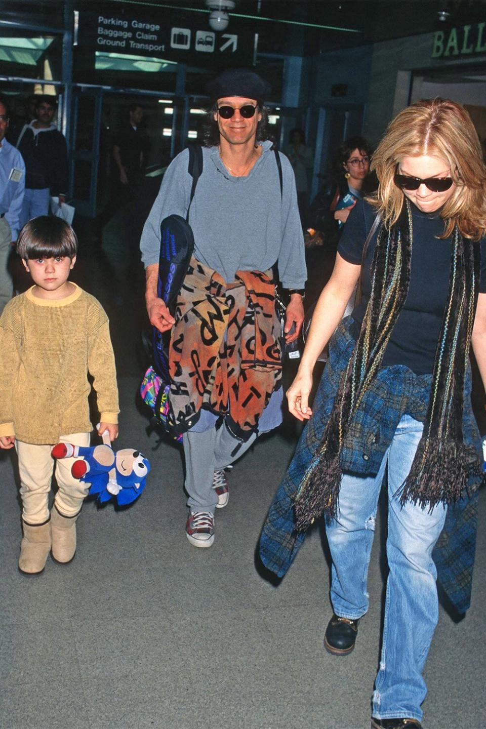 Eddie Van Halen, Wolfgang Van Halen and Valerie Bertinelli sighted at the Los Angeles International Airport in Los Angeles, California on January 29, 1997. (Photo by Ron Galella/Ron Galella Collection via Getty Images)