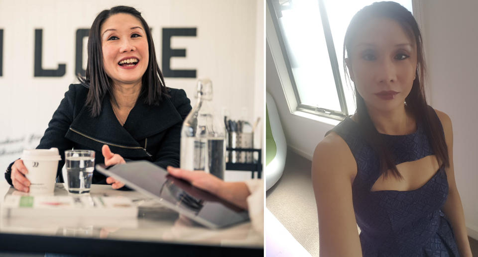 Audrey Lee smiles (left) and takes a selfie (right).