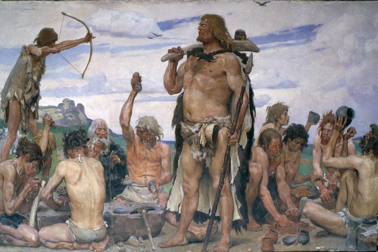 Human evolution is typically depicted with a progressive whitening of the skin, despite a lack of evidence to support it. <a href="https://commons.wikimedia.org/wiki/File:Stone_age_by_Vasnetsov_01.jpg" rel="nofollow noopener" target="_blank" data-ylk="slk:Viktor Mikhailovich Vasnetsov/Wikimedia Commons;elm:context_link;itc:0;sec:content-canvas" class="link ">Viktor Mikhailovich Vasnetsov/Wikimedia Commons</a>