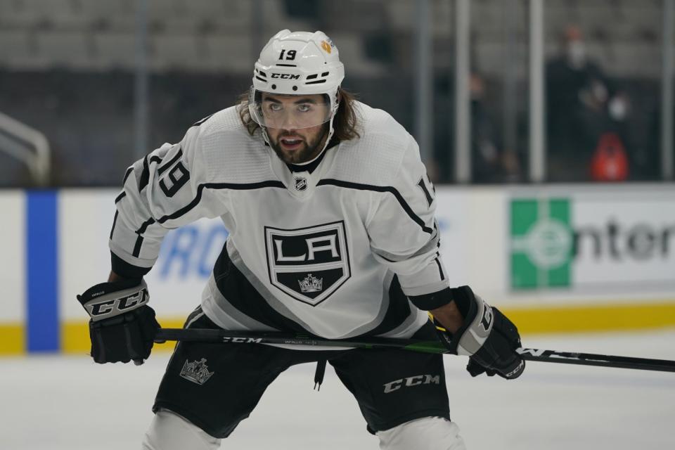 Kings forward Alex Iafallo looks on during a game against the San Jose Sharks.