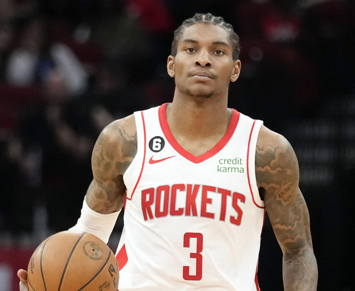 FILE - Houston Rockets guard Kevin Porter Jr. dribbles during the second half of an NBA basketball game against the Brooklyn Nets, March 7, 2023, in Houston. Porter was arrested Monday, Sept. 11, 2023, and charged with assault and strangulation after allegedly attacking his girlfriend at a New York City hotel. (AP Photo/Eric Christian Smith, File)