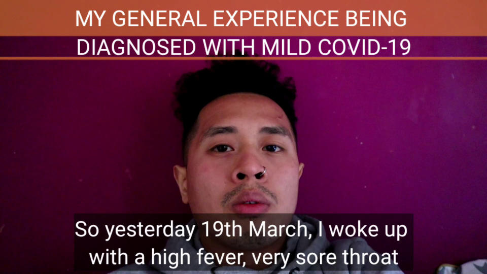 Video grab from Daryl Doblados appeal to young people over coronavirus. Fit and healthy 29-year-old Daryl Doblados has issued a stark warning to other young people after being struck down with the coronavirus. See SWNS story SWCAwarning. A fit and healthy 29-year-old struck down with coronavirus has issued a stark warning to other young people not to take their health for granted. Daryl Doblados woke up last Thursday morning with a sore throat and aches all over his body - which quickly developed into a fever that left him shivering, as well as a bad case of shortness of breath. Within 15 minutes of calling NHS 111, an ambulance arrived at Daryl's home in Littleport, Cambs., and whisked him to Addenbrooke's Hospital. After eight hours in hospital, during which time he had blood tests, x-rays, and other blood collections taken, Daryl was diagnosed with a "mild" case of Covid-19 - as well as tonsilitis.