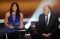 ZURICH, SWITZERLAND - JANUARY 07: (L-R) Hope Solo and Joseph Blatter, FIFA president announce Abby Wambach of United States during the FIFA womens player of the year trophy during the FIFA Ballon d'Or Gala 2013 at Congress House on January 07, 2013 in Zurich, Switzerland. (Photo by Christof Koepsel/Getty Images)