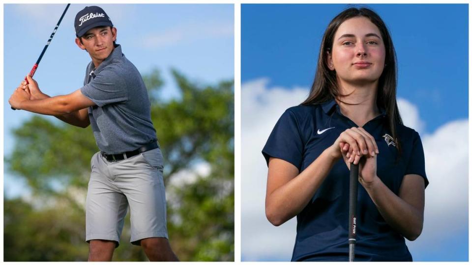 Dade Golfers of the Year Nicolas Prieto (left) from Florida Christian and Remi Bacardi from Palmer Trinity School are photographed at A.D. Barnes Park in Miami, Florida on Thursday, January 13, 2022.