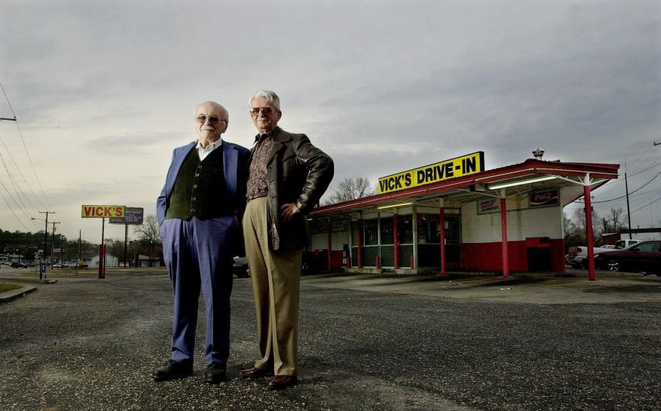 Vick's Drive-in founders George Skenteris, left, and Victor Parrous, March 12, 2002. Rapper J. Cole shouted out the former Fayetteville restaurant in a 2021 interview.