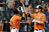 Sep 30, 2015; Baltimore, MD, USA; Baltimore Orioles catcher Matt Wieters (32) high fives left fielder David Lough (9) after a two run home run during the eighth inning against the Toronto Blue Jays at Oriole Park at Camden Yards. Baltimore Orioles defeated Toronto Blue Jays 8-1. Tommy Gilligan-USA TODAY Sports