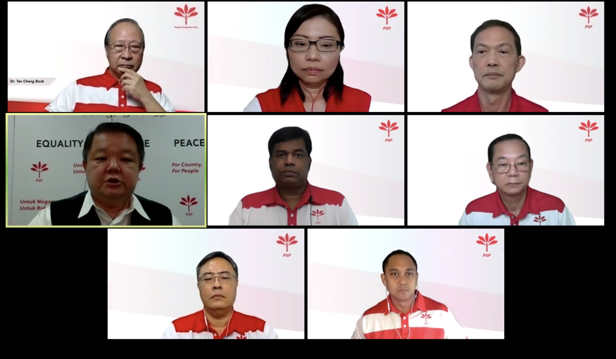 The Progress Singapore Party Zoom panellists for the launch of the party's manifesto. From top left: secretary-general Tan Cheng Bock, vice chairman Hazel Poa, assistant secretary-general Leong Mun Wai, host Craig Teo, Kumaran Pillai, Francis Yuen, organising secretary Michael Chua, Muhammad Taufik Supan. (PHOTO: Screenshot of PSP press conference)