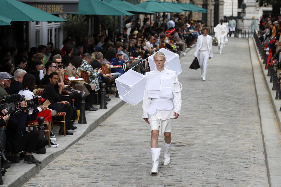 A model wears a creation for the Vuitton mens Spring-Summer 2020 fashion collection presented in Paris, Thursday, June 20, 2019. (AP Photo/Francois Mori)