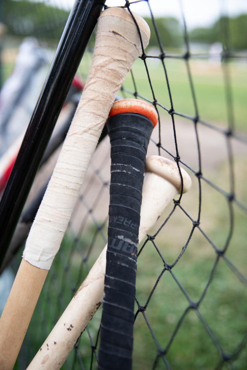 Baseball bats lay on the netting inside the dugout.