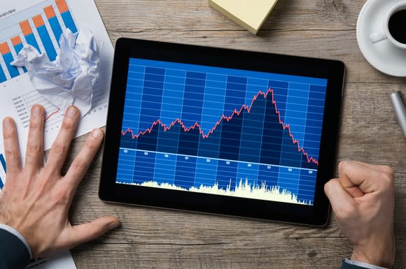 Person banging their fist on a table as a tablet displays a falling stock chart.