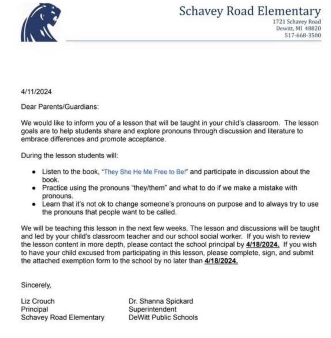 Letter sent to parents with students in the first grade class at Schavey Road Elementary School where a lesson on pronoun use will be taught. The letter is signed by the school's principal Liz Crouch and DeWitt Public School's Superintendent Shanna Spickard.