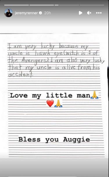 PHOTO: Jeremy Renner posted a note his nephew wrote about him on his Instagram story. (Jeremy Renner/Instagram)