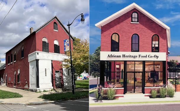PHOTO: The African Heritage Food Co-op is working to turn this abandoned building on Buffalo's east side into their flagship store seen in an artist rendition (right). (Bill Hutchinson/ABC News)
